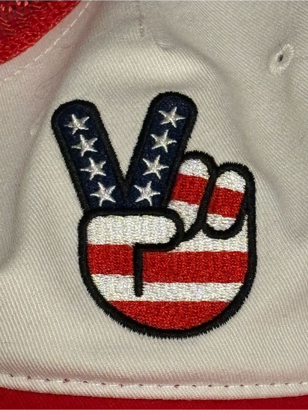 Red and White Trucker Hat with Peace Hand Patch - Picture 5 of 7